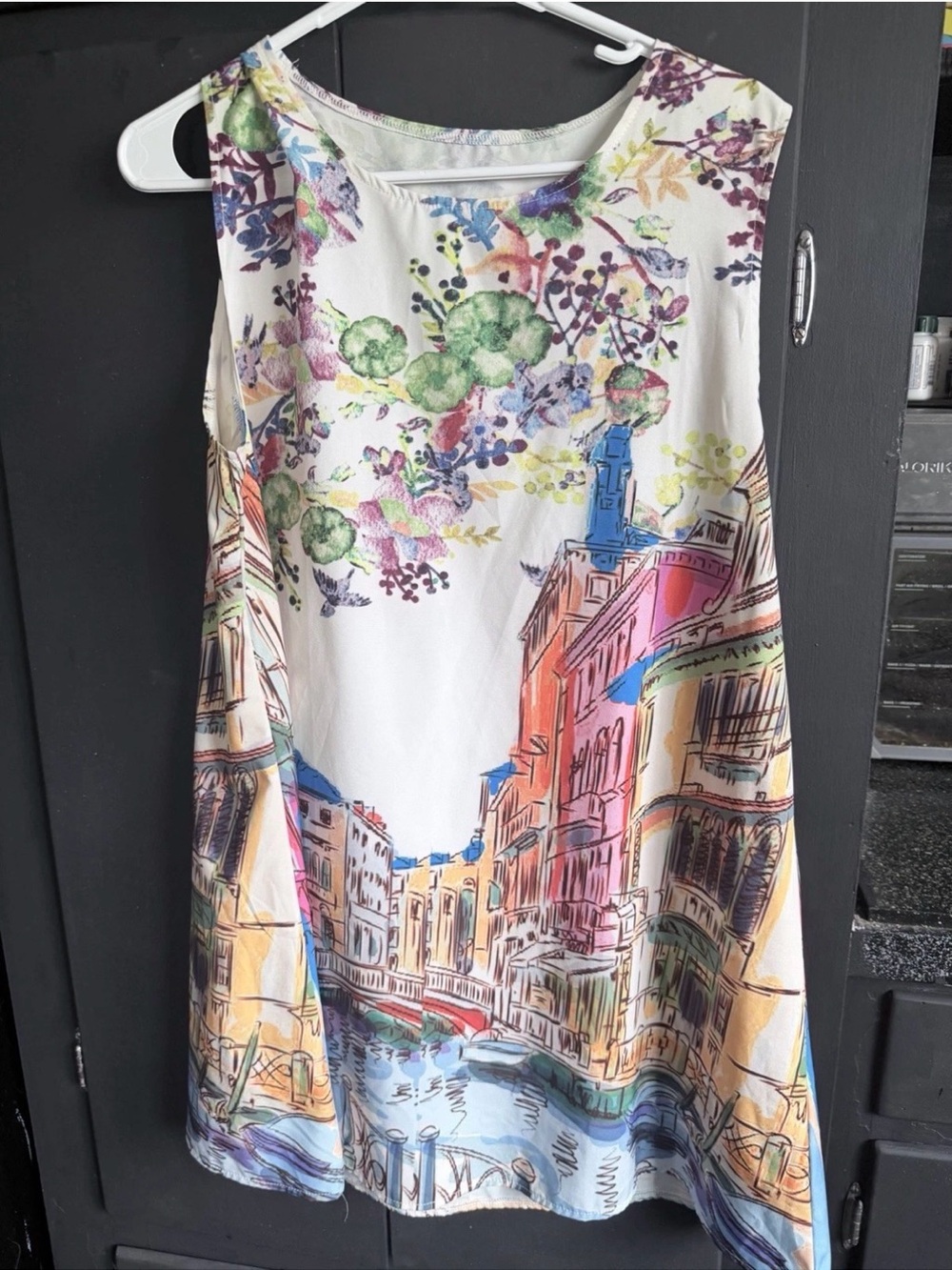 White Floral & Cityscape Sleeveless Shift Dress